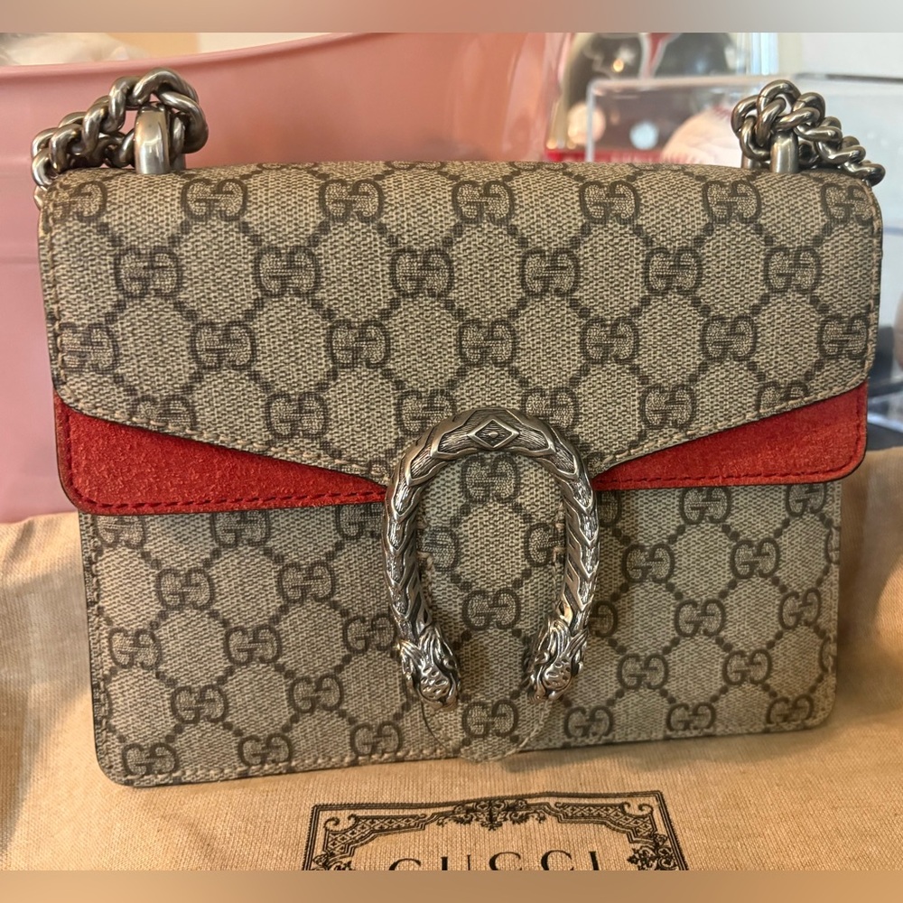 Gucci Dionysus Small GG Supreme Canvas Crossbody with Red Suede Trim